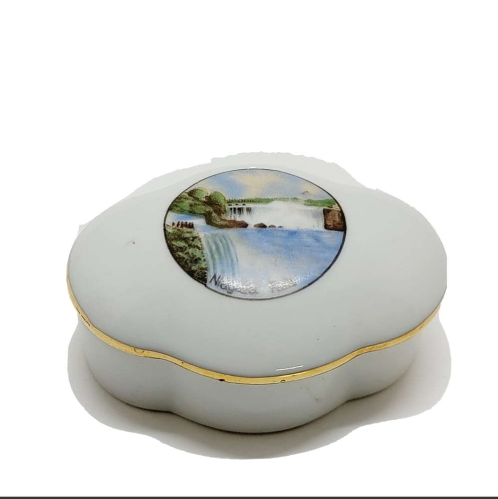 Vintage Germany Porcelain Niagara Falls Souvenir Jewelry Trinket Dish w/ Cover
